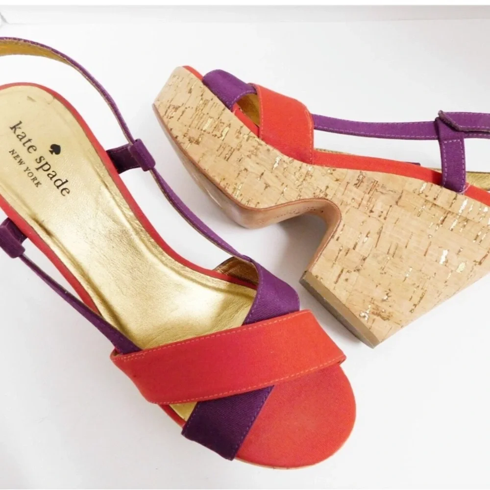 KATE SPADE Purple Red Colorblock Penny Cork Wedge Sandals